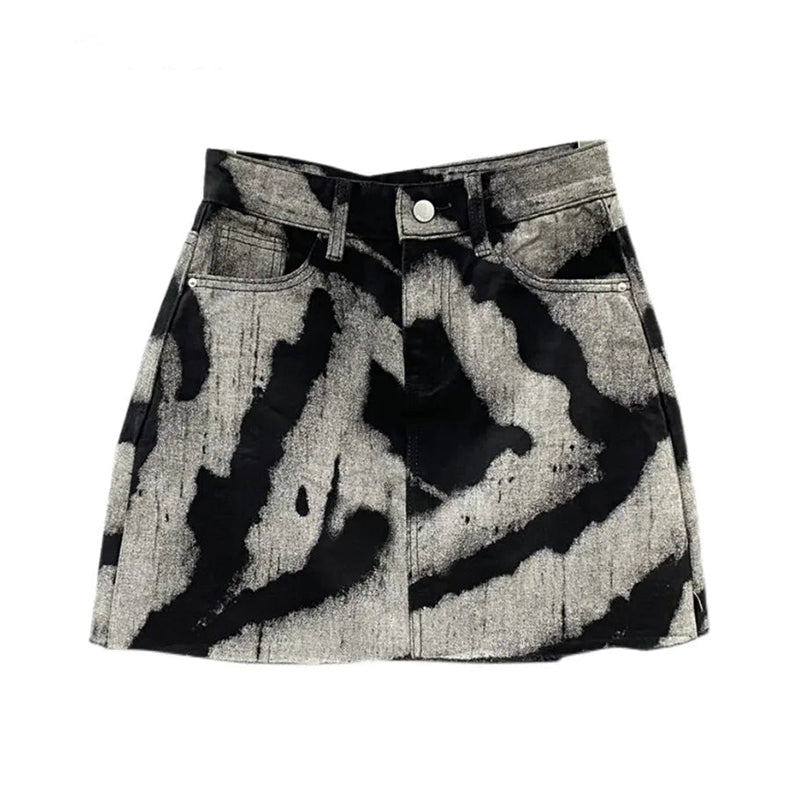 Women's Black Grey Bleached Denim Mini Skirt - front studio view (1 of 3)