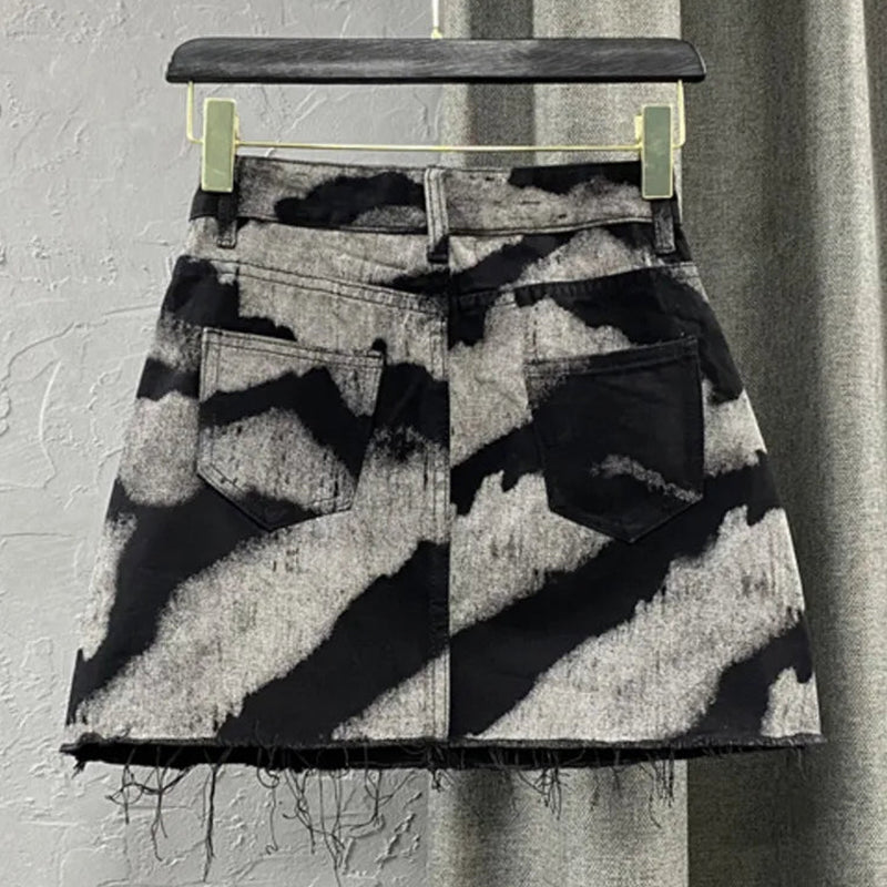 Black Grey Bleached Denim Mini Skirt