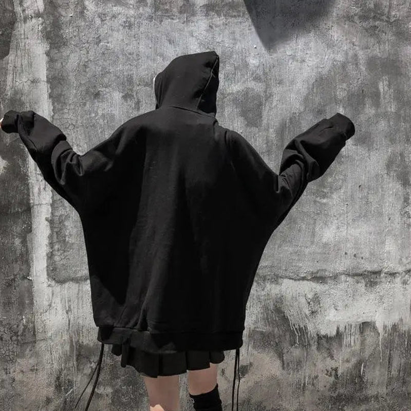 Black Oversized Gothic Graphic Zip Hoodie