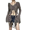 Women's Grey Distressed Ruffle Tie-Front Blouse - primary photo, shown with a person (1 of 2)