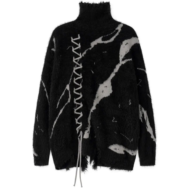 Men's Black Gray Fuzzy Lace-Up Turtleneck Sweater - front studio view (1 of 4)