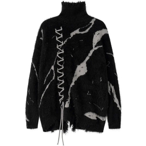 Men's Black Gray Fuzzy Lace-Up Turtleneck Sweater - front studio view (1 of 4)