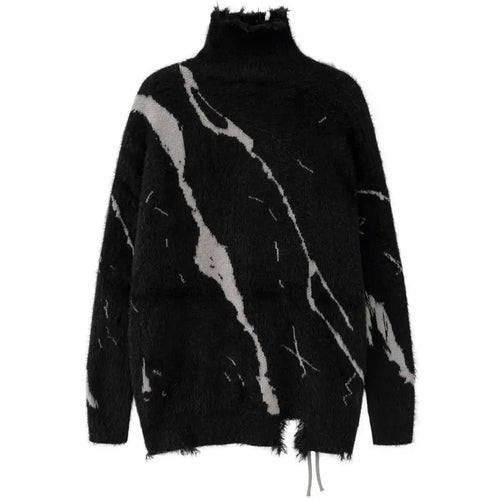 Black Gray Fuzzy Lace-Up Turtleneck Sweater
