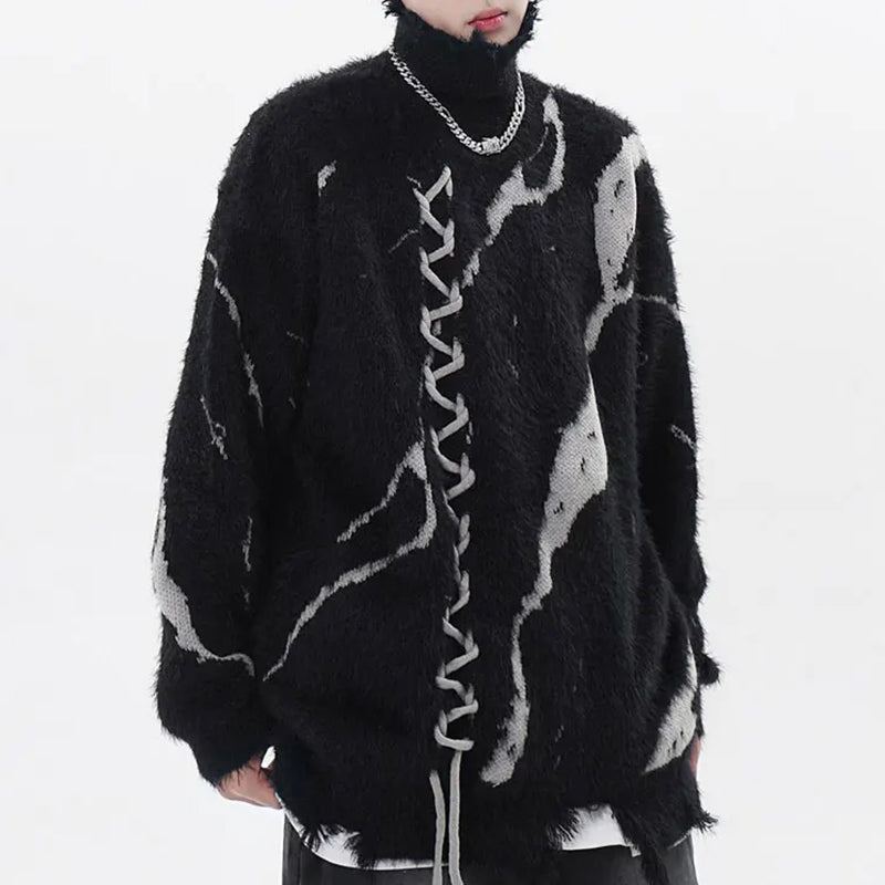 Black Gray Fuzzy Lace-Up Turtleneck Sweater