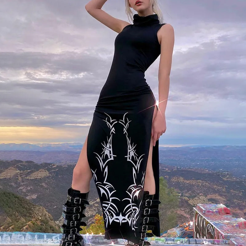 Black High-Neck Graphic Slit Maxi Dress