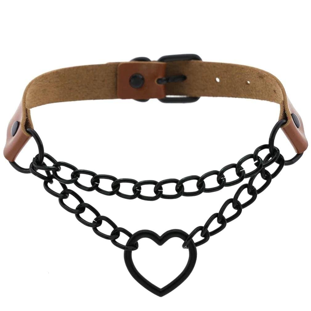 Chained Heart Gothic Leather Choker - Creepy Goth