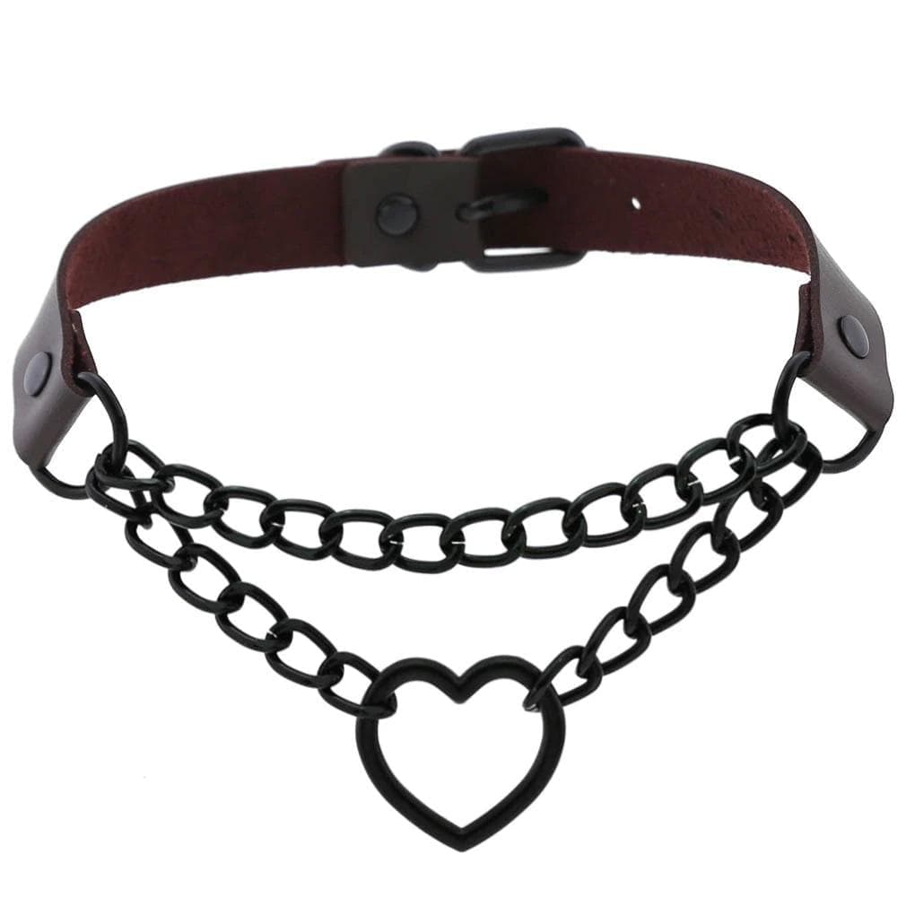 Chained Heart Gothic Leather Choker - Creepy Goth
