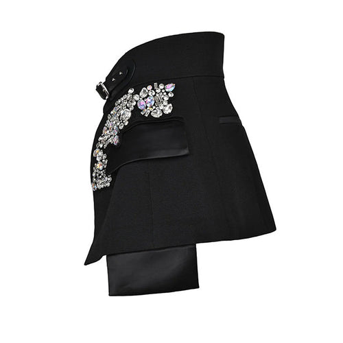 Black Crystal Buckle Mini Skirt