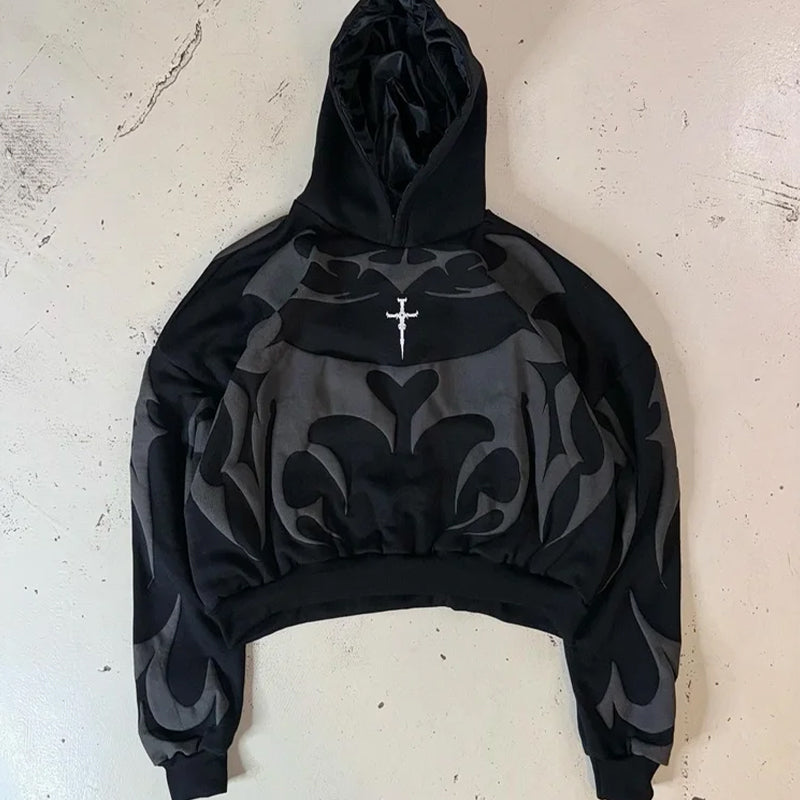 Unisex Black Cropped Tribal Graphic Hoodie - primary photo, shown with a person (1 of 4)