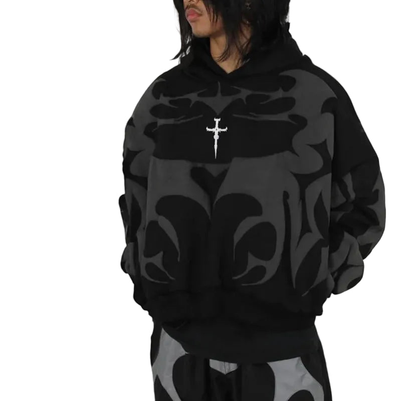 Unisex Black Cropped Tribal Graphic Hoodie