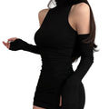 Women's Black Mock-Neck Mini Dress with Arm Warmers - primary photo, shown with a person (1 of 2)