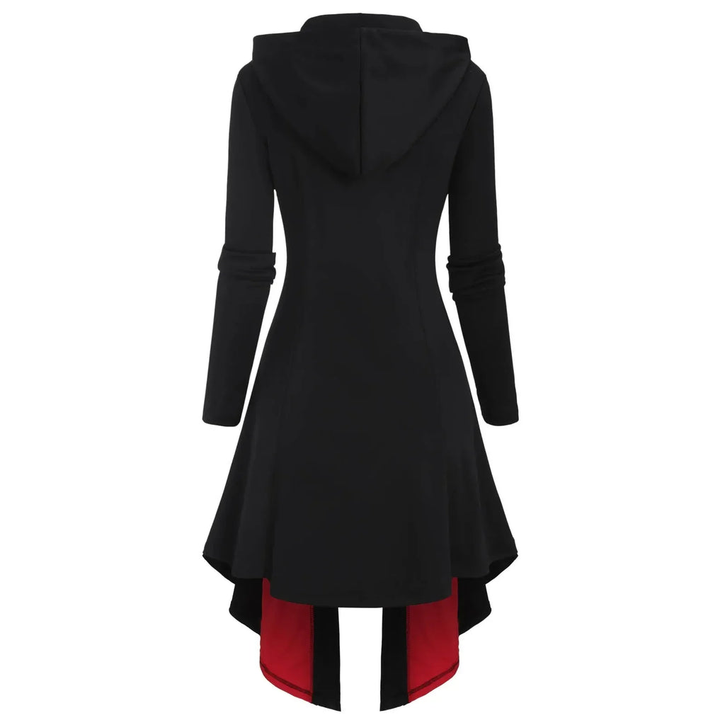 Black Red Lace-Up Hooded Zip Dress