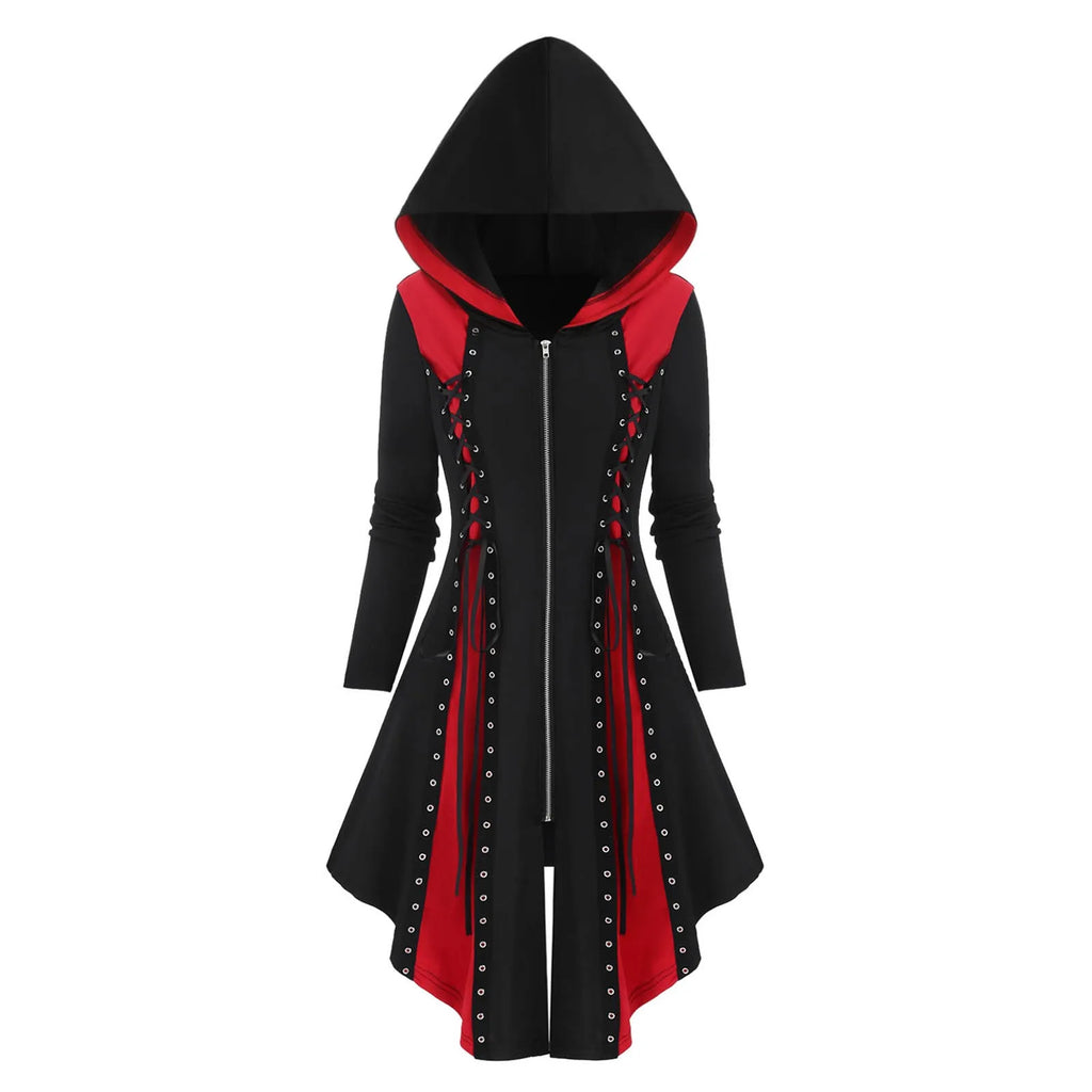 Black Red Lace-Up Hooded Zip Dress