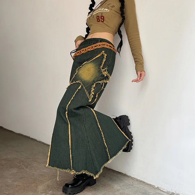 Women's Dark Denim Star Patch Maxi Skirt - primary photo, shown with a person (1 of 3)