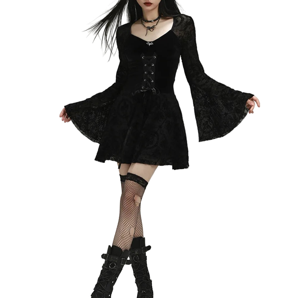 Women's Black Velvet Corset Floral-Lace Mini Dress - primary photo, shown with a person (1 of 4)