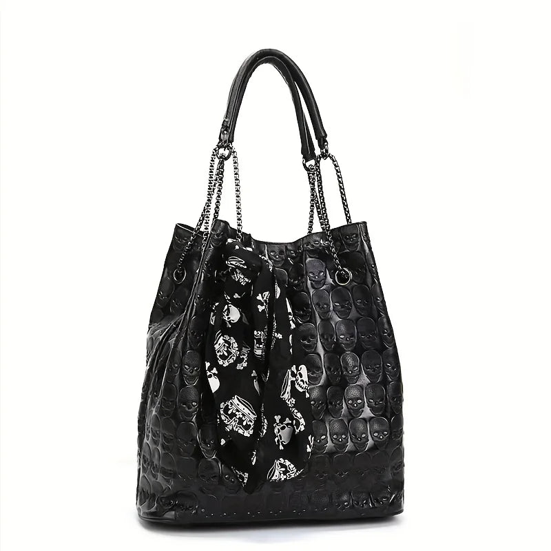 Women's Black Skull-Embossed Chain Tote - front studio view (1 of 3)