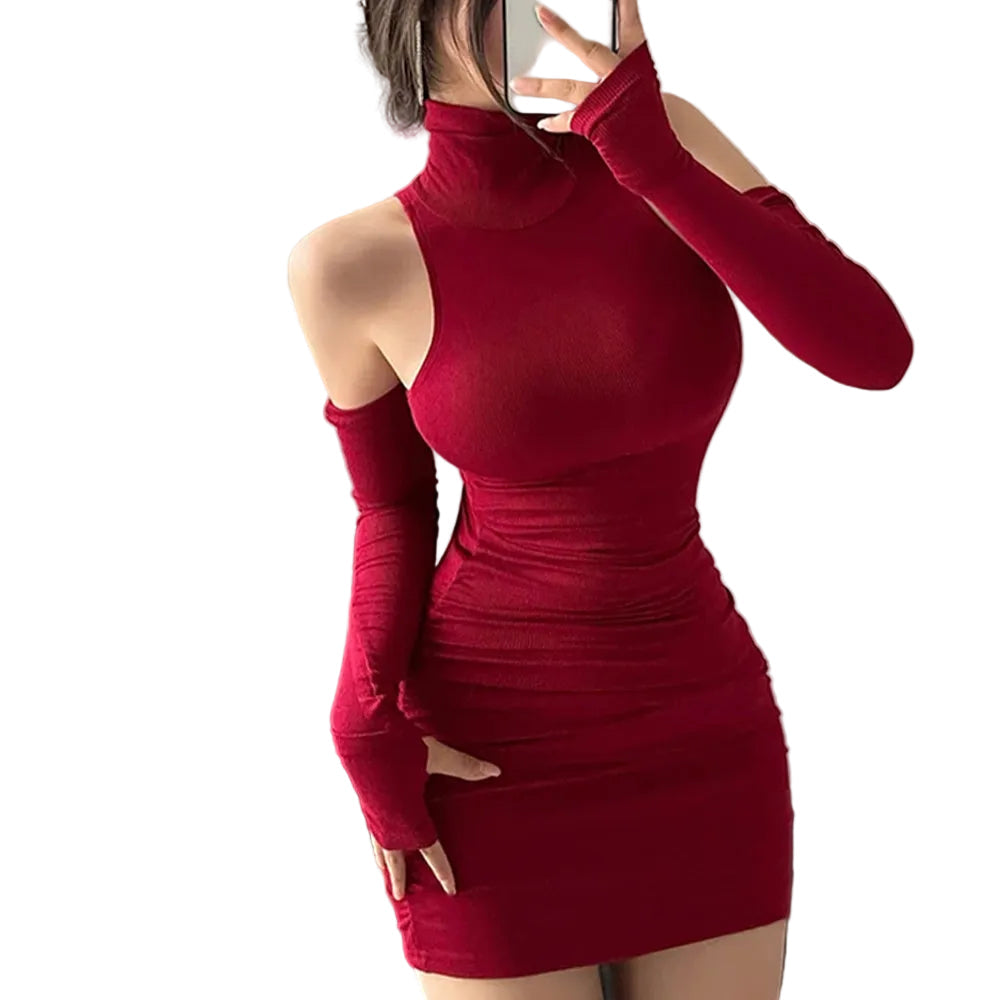 Women's Black Mock-Neck Mini Dress with Arm Warmers - alternate view, shown with a person (2 of 2)