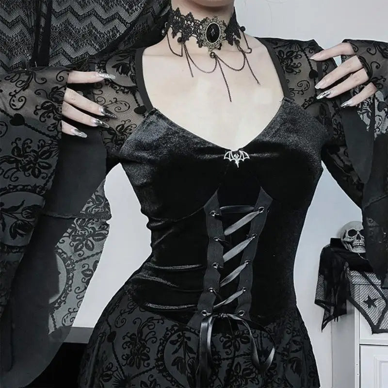 Black Velvet Damask Lace Mini Dress