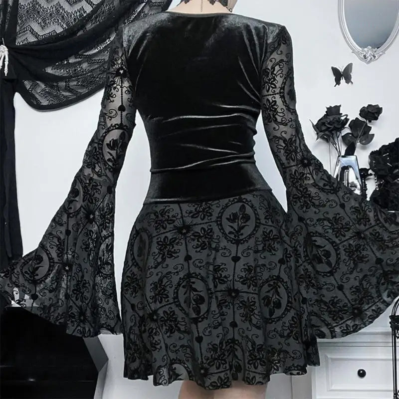 Black Velvet Damask Lace Mini Dress