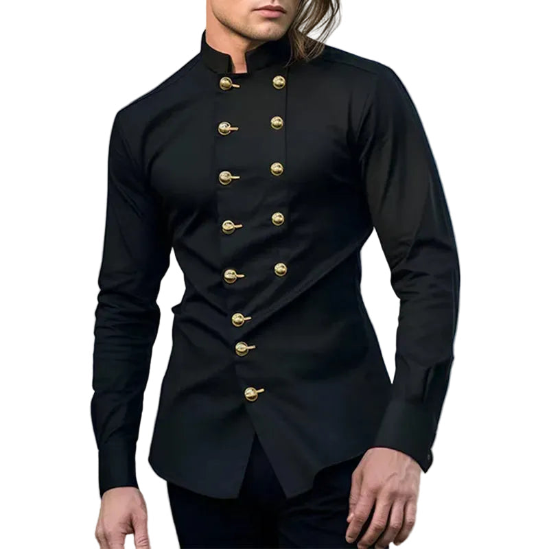Black Gold-Button Mandarin Collar Shirt