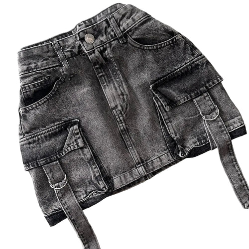 Women's Black Cargo Denim Mini Skirt - front studio view