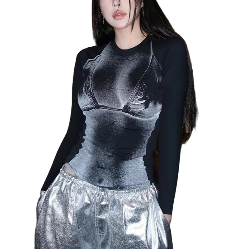 Women's Black Metallic Panel Bodycon Top - primary photo, shown with a person