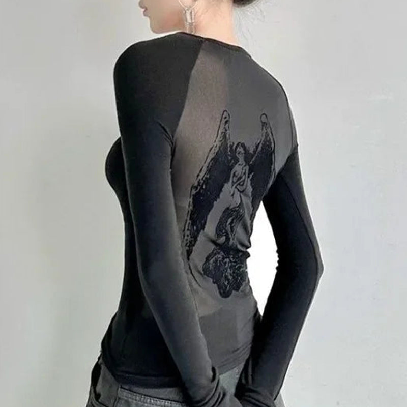 Black Mesh Angel-Graphic Back Top