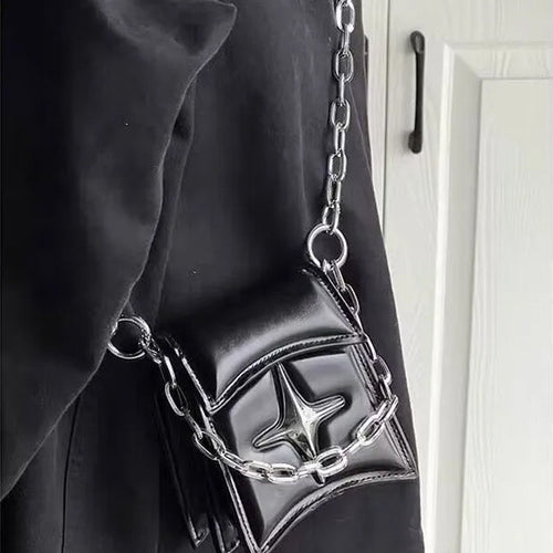 Black Glossy Star Chain Crossbody Bag