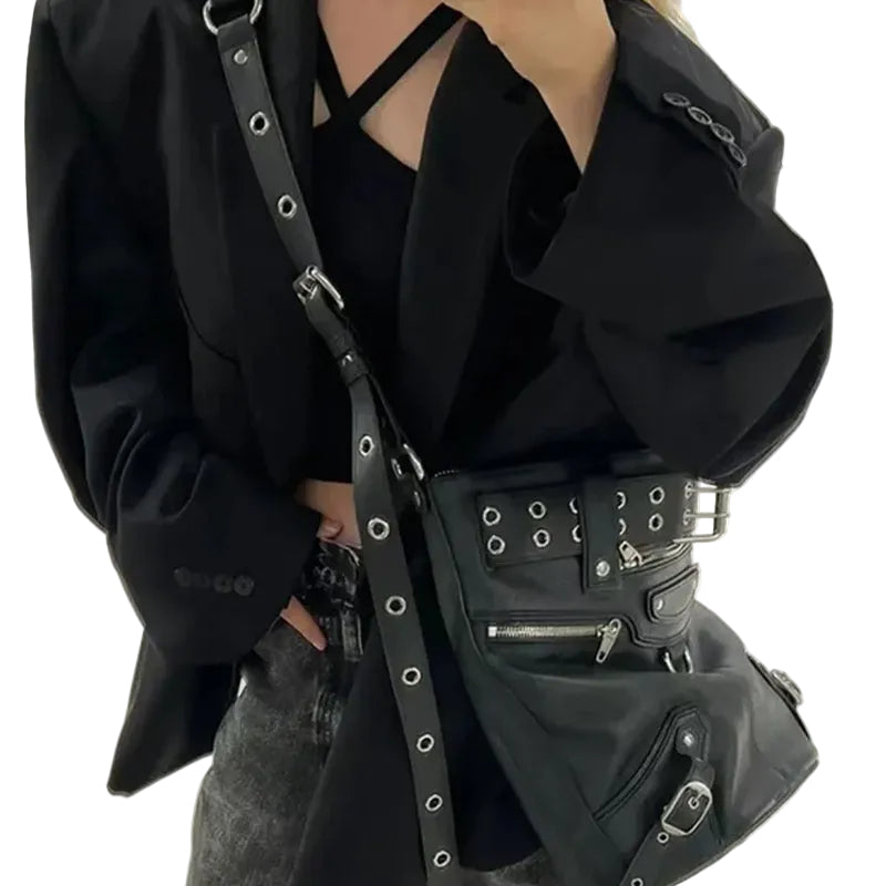 Black Eyelet Biker Crossbody Bag
