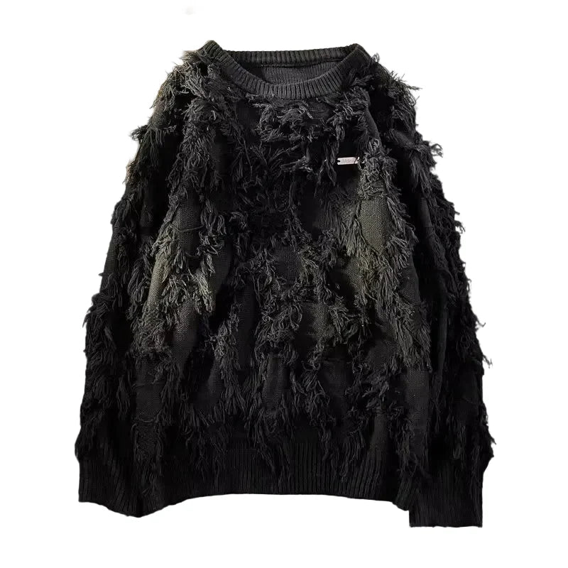 Men's Black Distressed Fringe Knit Pullover - primary product photo