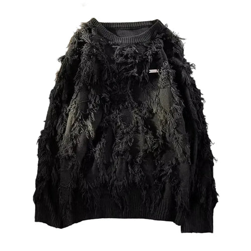 Men's Black Distressed Fringe Knit Pullover - primary product photo