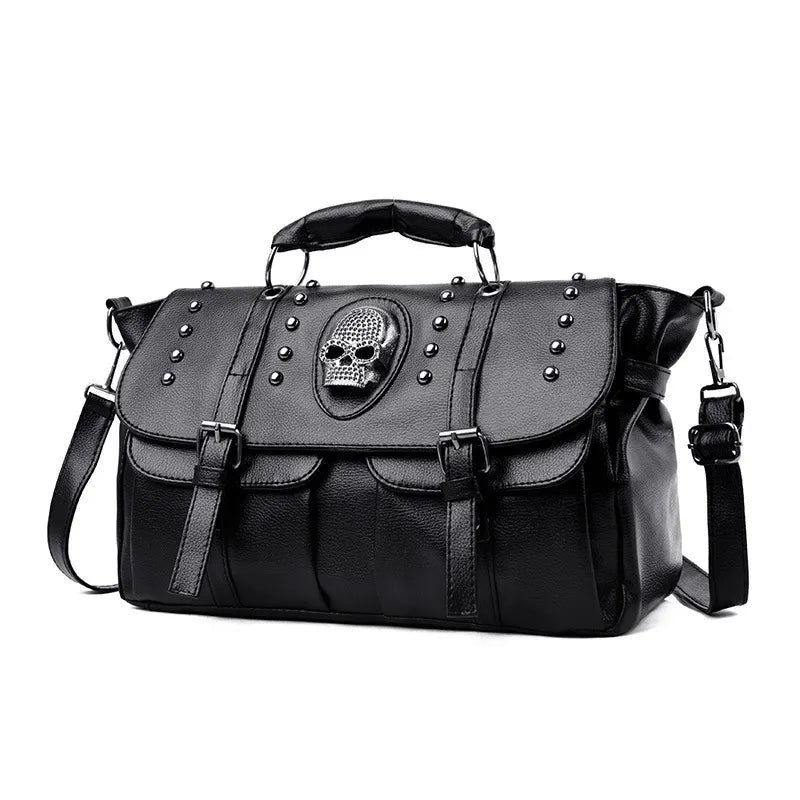 Women's Black Crystal Skull Flap Handbag - front studio view (1 of 2)