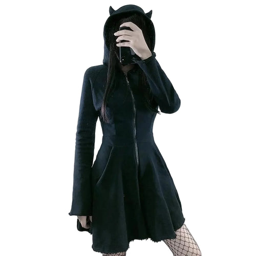 Women's Black Horned Hood Zip Mini Dress - front studio view (1 of 3)