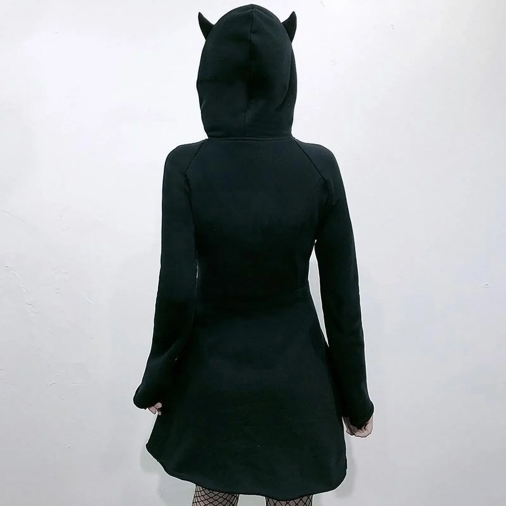 Black Horned Hood Zip Mini Dress