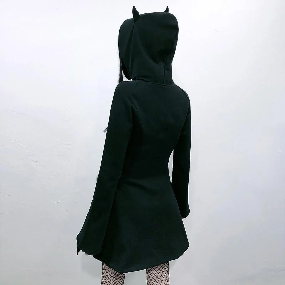 Black Horned Hood Zip Mini Dress