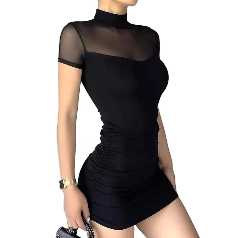 Women's Black Mesh Mock-Neck Ruched Mini Dress - primary photo, shown with a person (1 of 3)