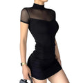 Women's Black Mesh Mock-Neck Ruched Mini Dress - primary photo, shown with a person (1 of 3)
