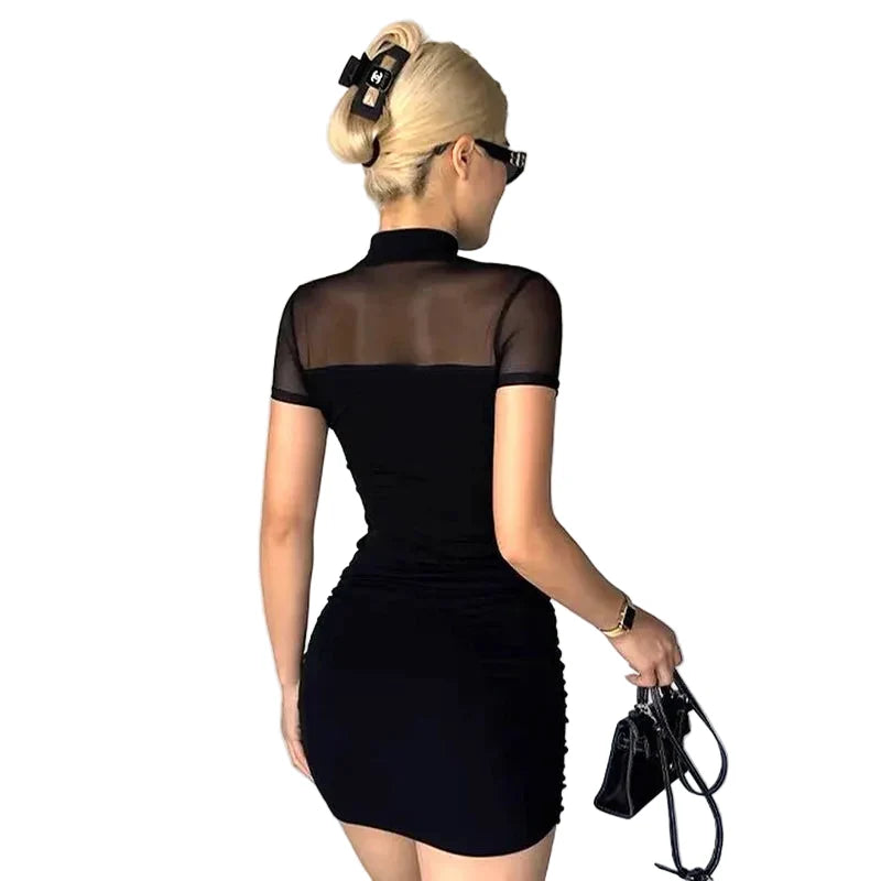 Black Mesh Mock-Neck Ruched Mini Dress