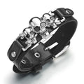 Unisex Black Leather Triple Skull Cuff Bracelet
