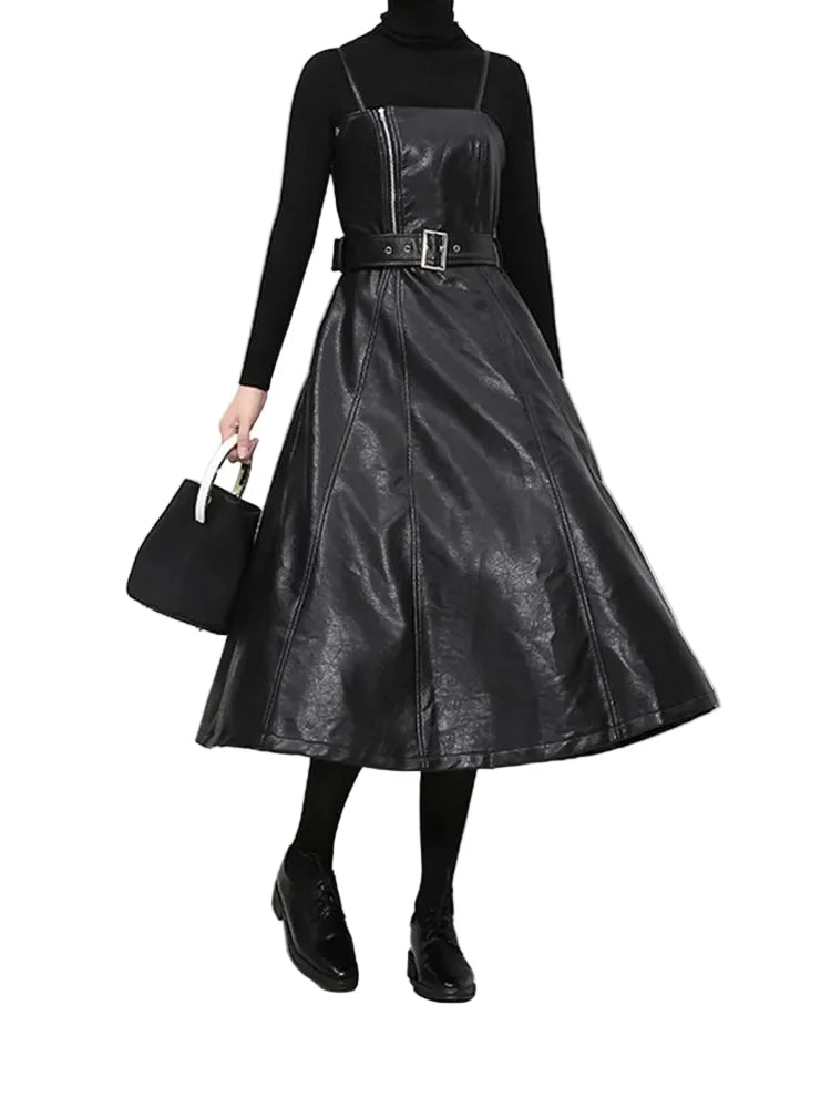 Long Leather Black Dress