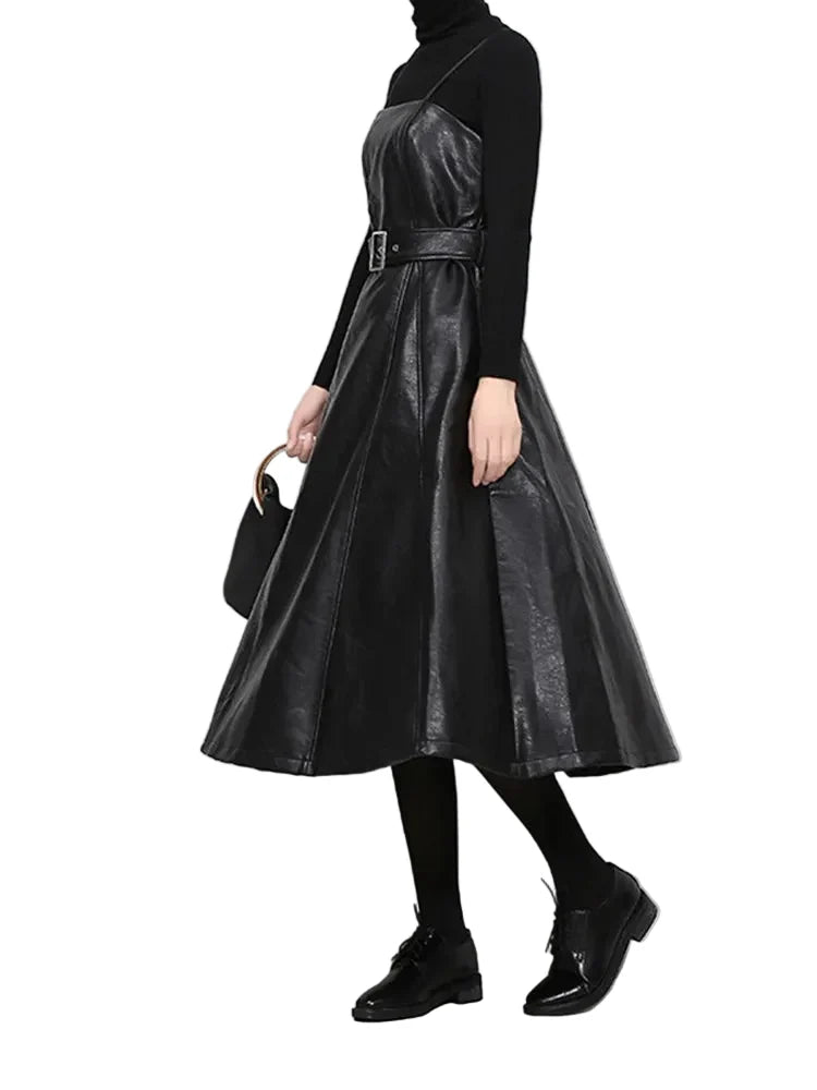 Long Leather Black Dress