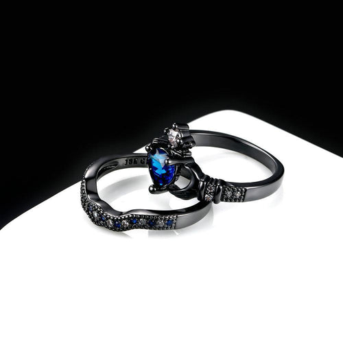 Black Blue Claddagh Heart Ring Set
