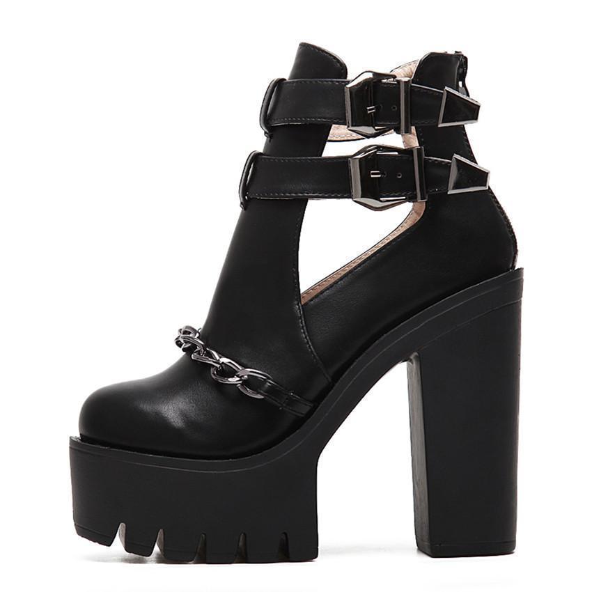 Black Chain Cutout Platform Ankle Boots