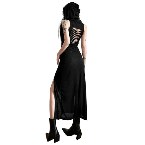 Black High-Neck Double-Slit Maxi Dress