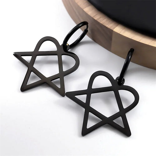 Women's Black Heart Pentagram Drop Earrings - primary photo, shown with a person (1 of 2)