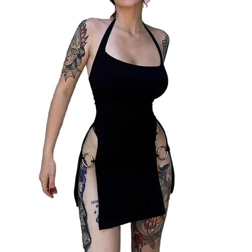 Women's Black Halter Side-Ring Mini Dress - back view on a person (1 of 2)