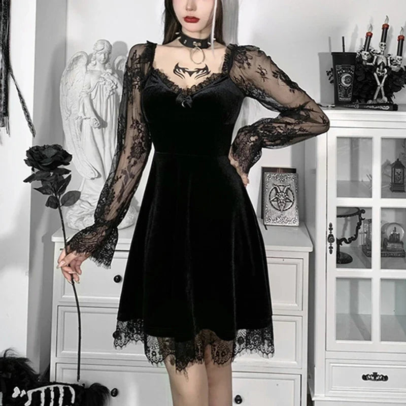 Black Velvet Lace-Sleeve Mini Dress