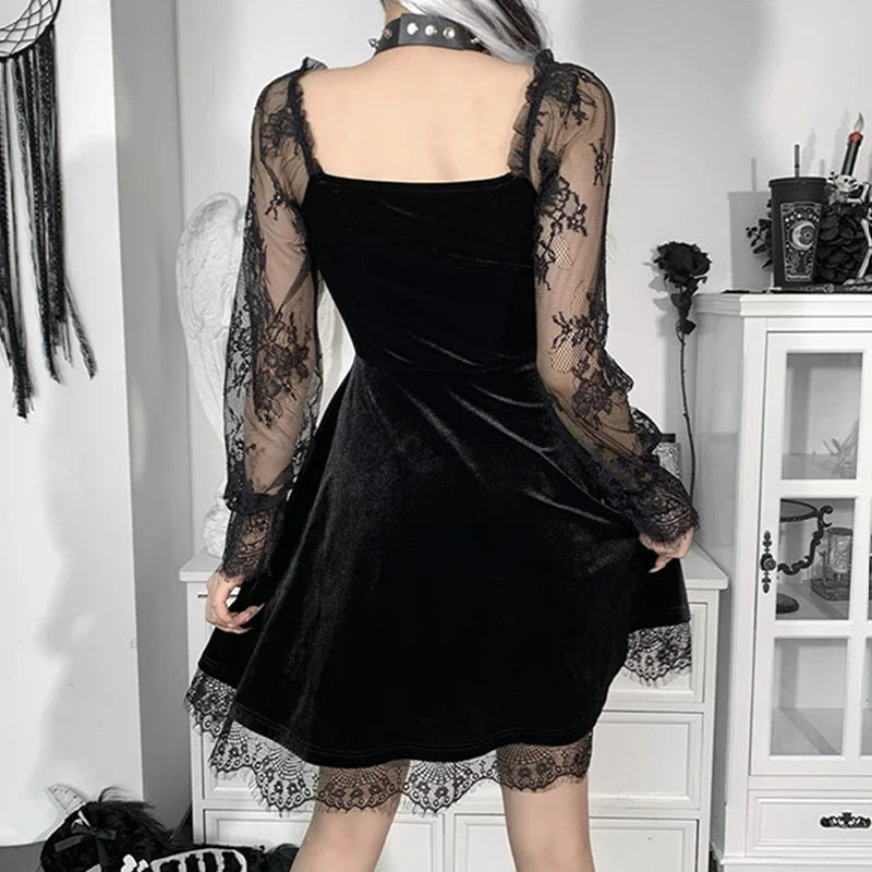 Black Velvet Lace-Sleeve Mini Dress
