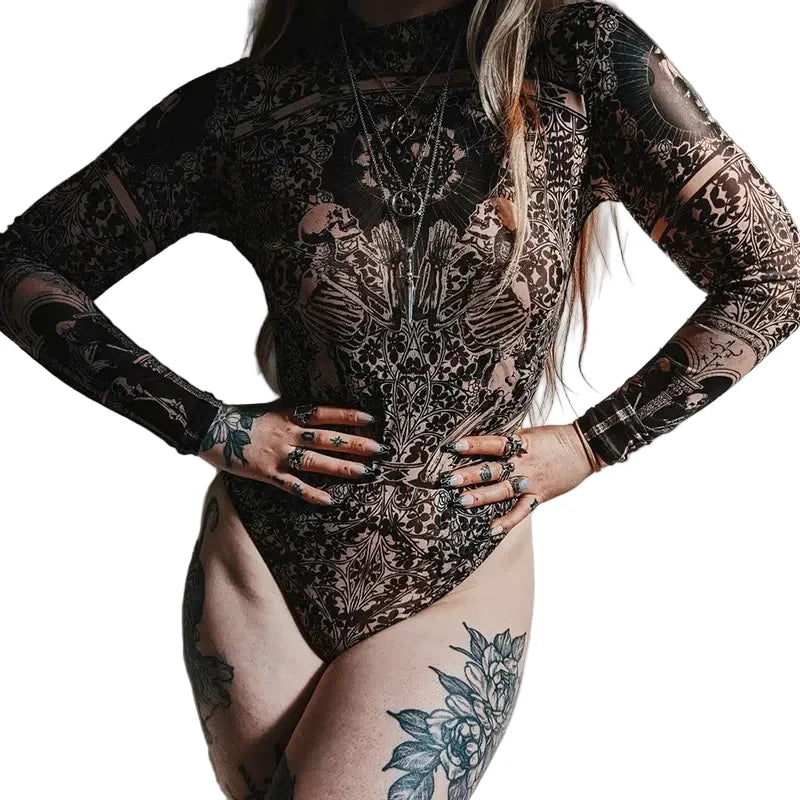 Nude Skeleton Print Mock-Neck Bodysuit