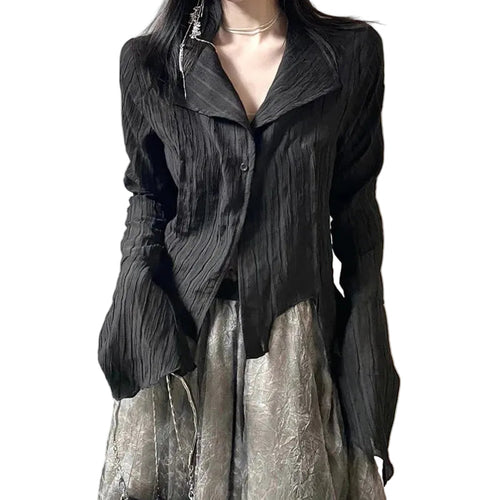 Women's Black Crinkle Lapel Bell-Sleeve Blouse - primary photo, shown with a person (1 of 3)